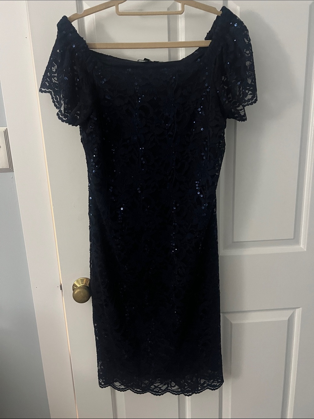 Tiana B. Navy Lace Off-Shoulder Sequin Dress